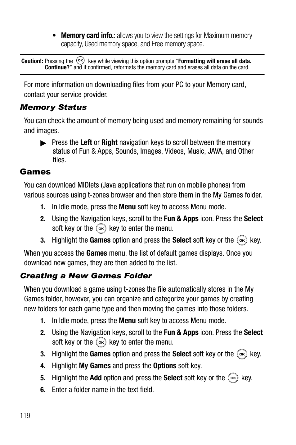 Memory status, Games, Creating a new games folder | Samsung SGH-T739TSATMB User Manual | Page 122 / 195
