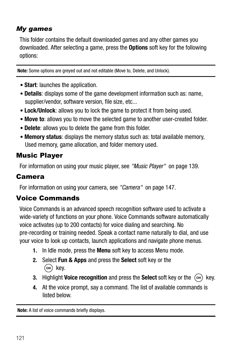 My games, Music player, Camera | Voice commands, Music player camera voice commands | Samsung SGH-T739TSATMB User Manual | Page 124 / 195