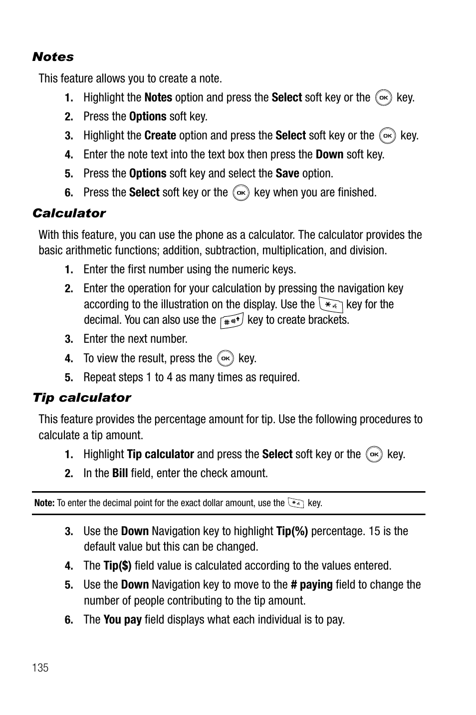 Notes, Calculator, Tip calculator | Samsung SGH-T739TSATMB User Manual | Page 138 / 195