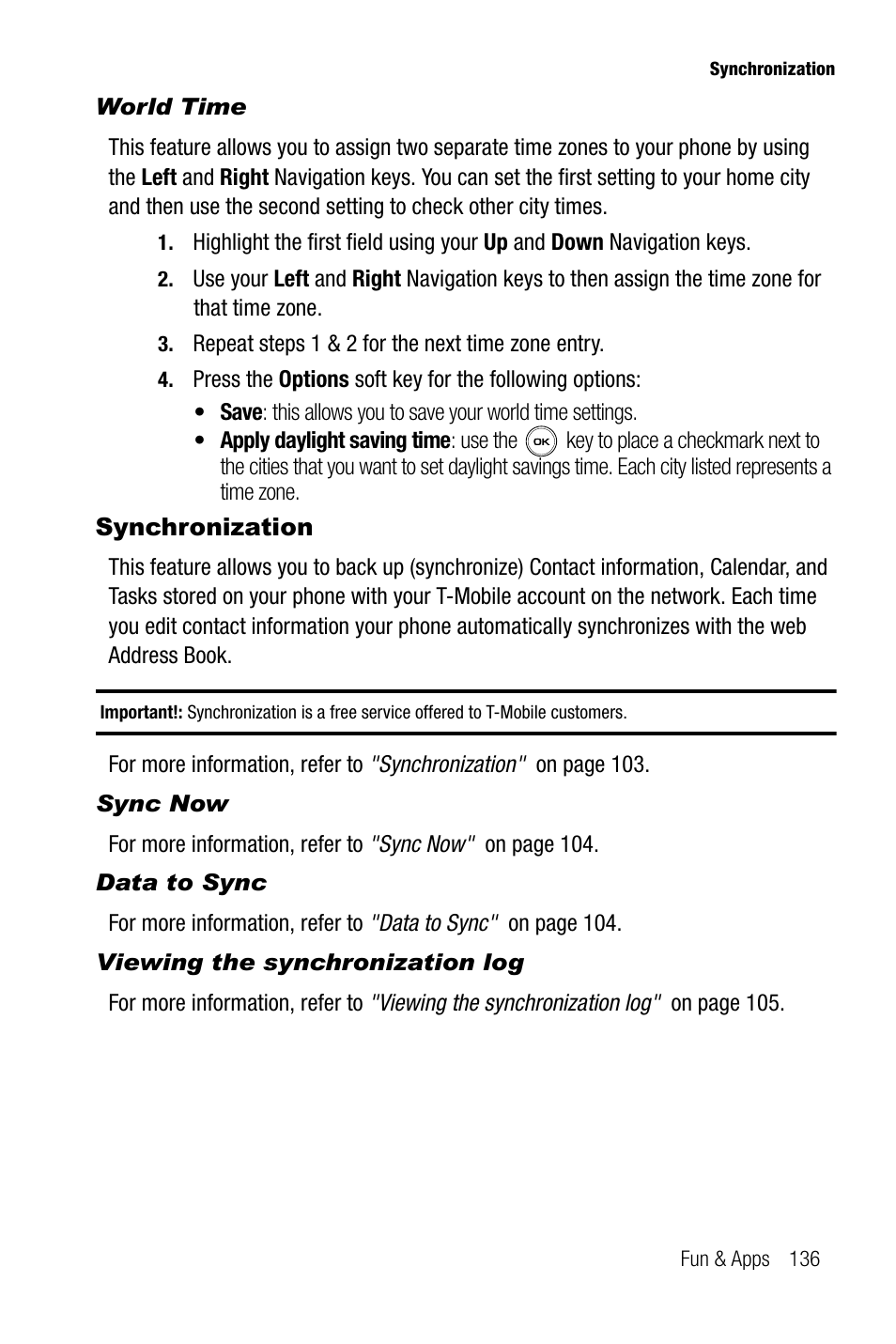 World time, Synchronization, Sync now | Data to sync, Viewing the synchronization log | Samsung SGH-T739TSATMB User Manual | Page 139 / 195