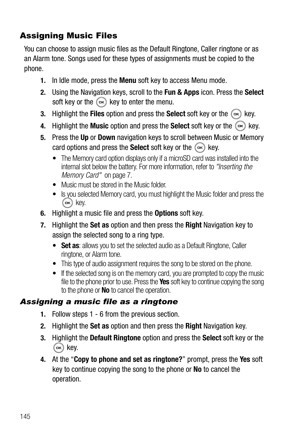 Assigning music files, Assigning a music file as a ringtone | Samsung SGH-T739TSATMB User Manual | Page 148 / 195