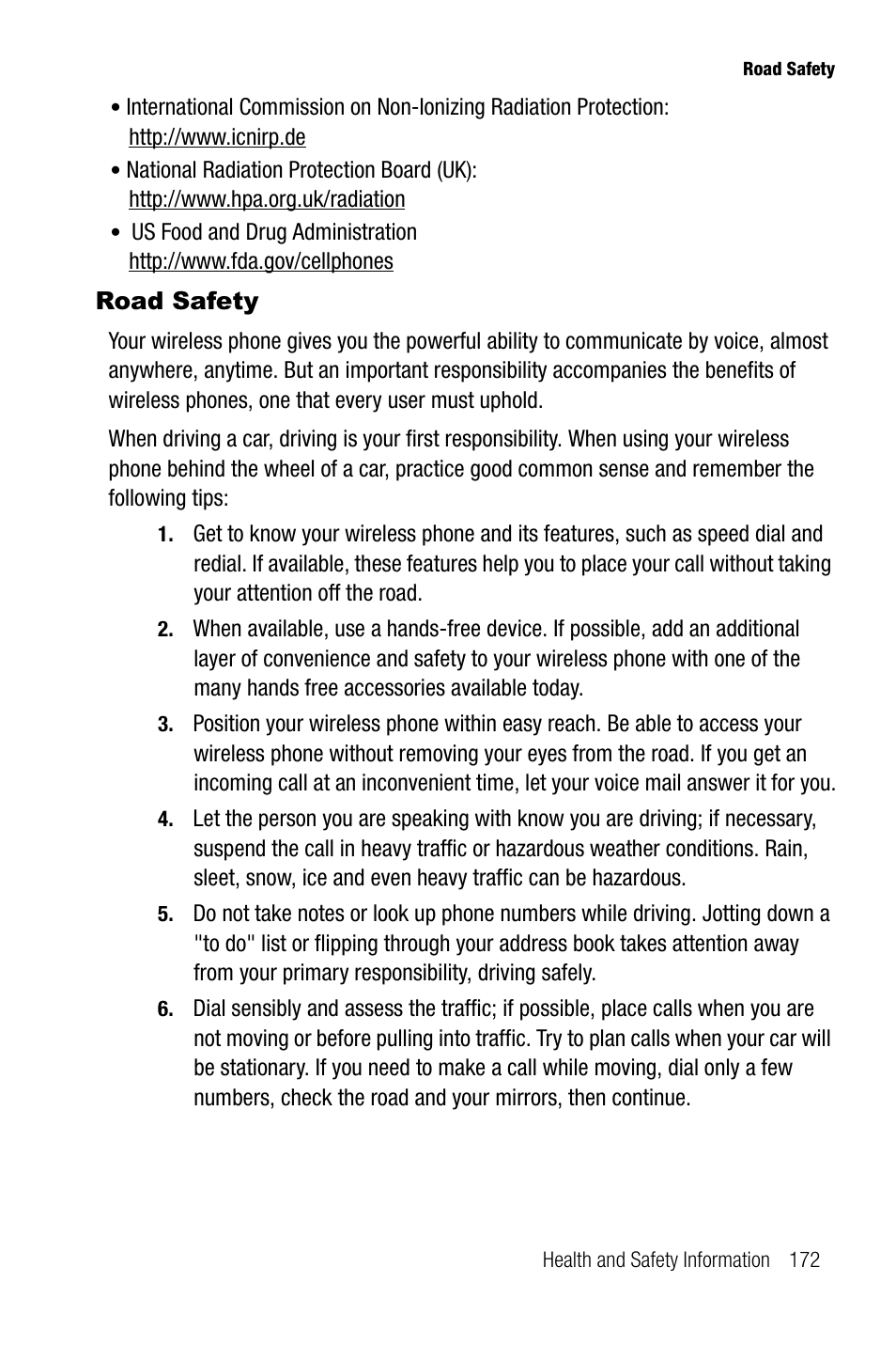 Road safety | Samsung SGH-T739TSATMB User Manual | Page 175 / 195