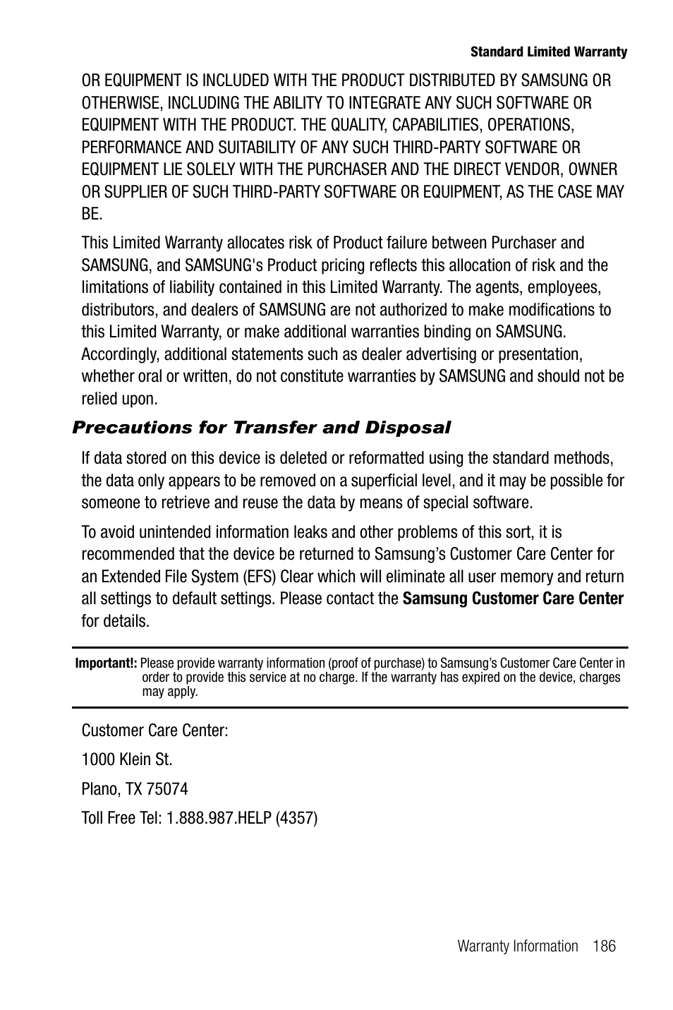 Precautions for transfer and disposal | Samsung SGH-T739TSATMB User Manual | Page 189 / 195