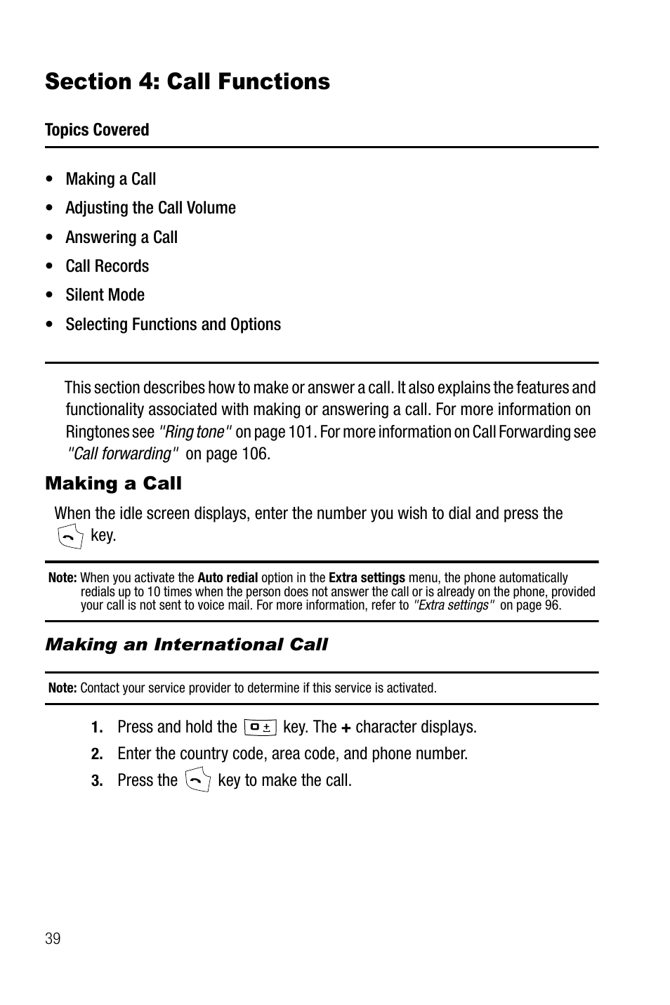 Section 4: call functions, Making a call, Making an international call | Samsung SGH-T739TSATMB User Manual | Page 42 / 195