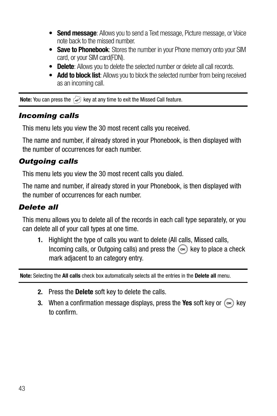 Incoming calls, Outgoing calls, Delete all | Samsung SGH-T739TSATMB User Manual | Page 46 / 195