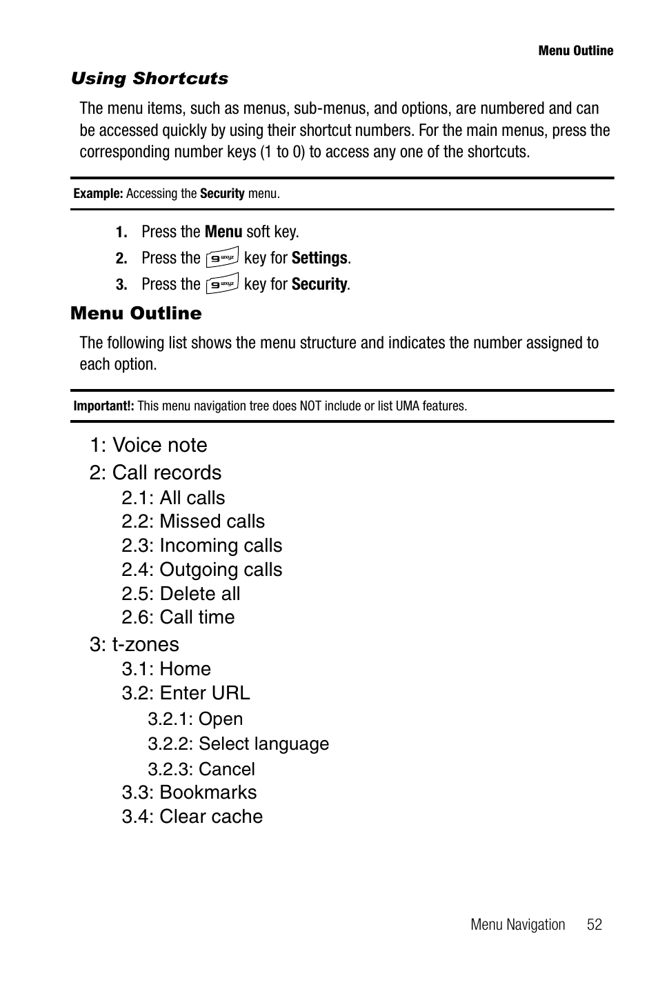 Using shortcuts, Menu outline, T-zones | Samsung SGH-T739TSATMB User Manual | Page 55 / 195