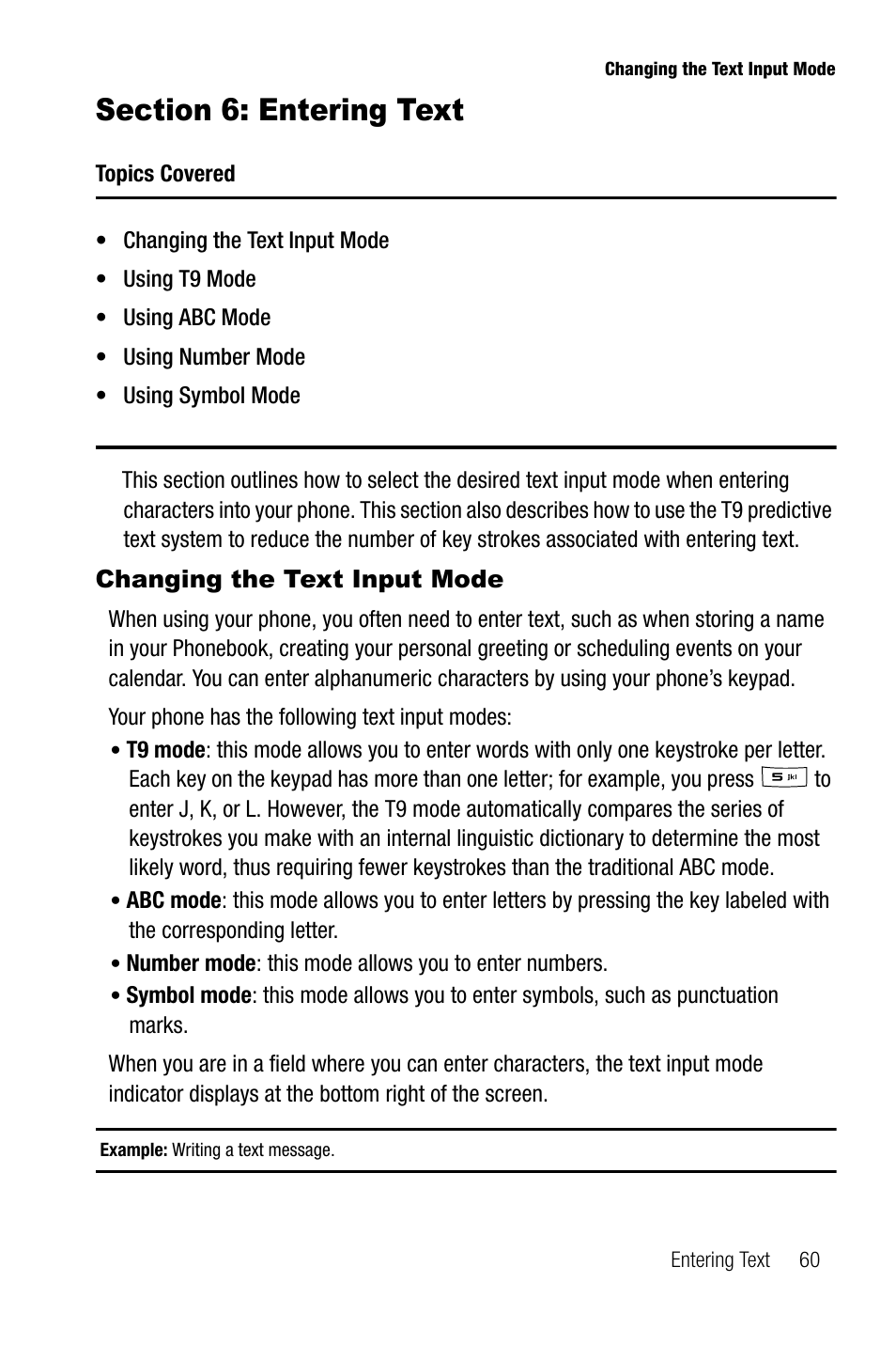 Section 6: entering text, Changing the text input mode | Samsung SGH-T739TSATMB User Manual | Page 63 / 195