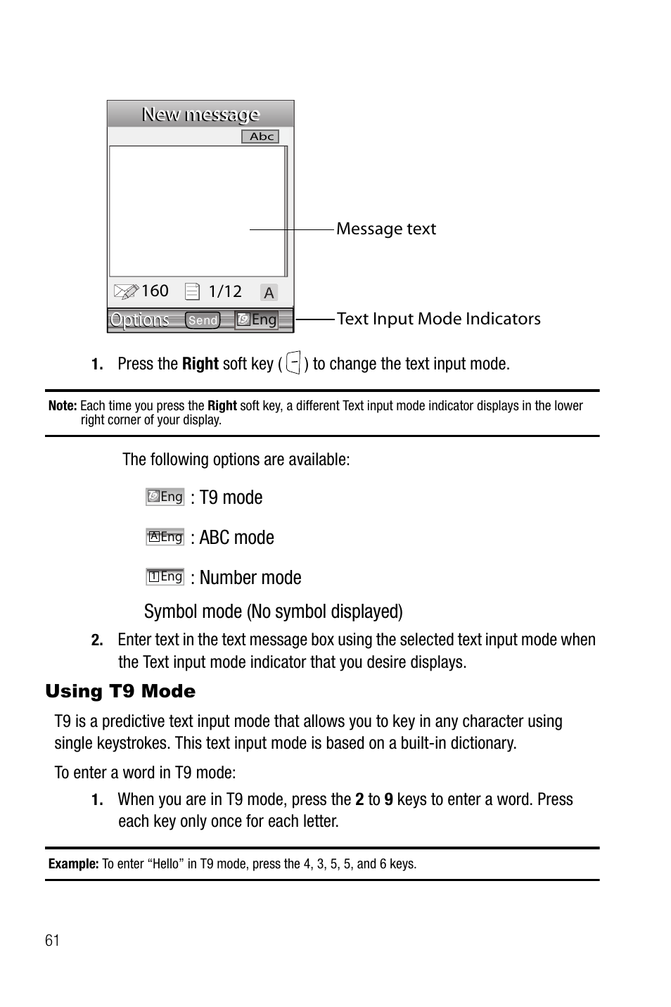 Using t9 mode, Options, New message | Samsung SGH-T739TSATMB User Manual | Page 64 / 195