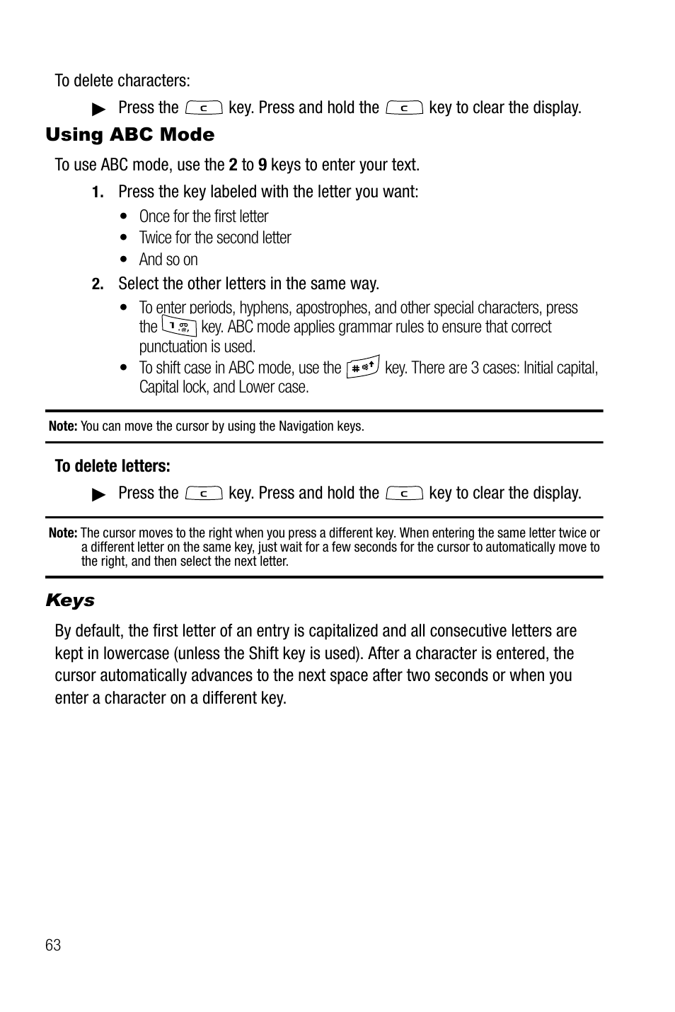 Using abc mode, Keys | Samsung SGH-T739TSATMB User Manual | Page 66 / 195