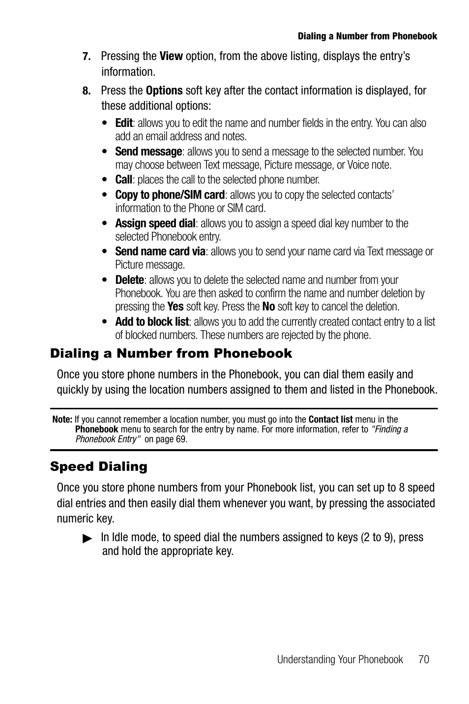 Dialing a number from phonebook, Speed dialing, Dialing a number from phonebook speed dialing | Samsung SGH-T739TSATMB User Manual | Page 73 / 195