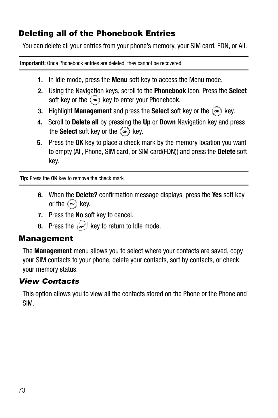 Deleting all of the phonebook entries, Management, View contacts | Deleting all of the phonebook entries management | Samsung SGH-T739TSATMB User Manual | Page 76 / 195