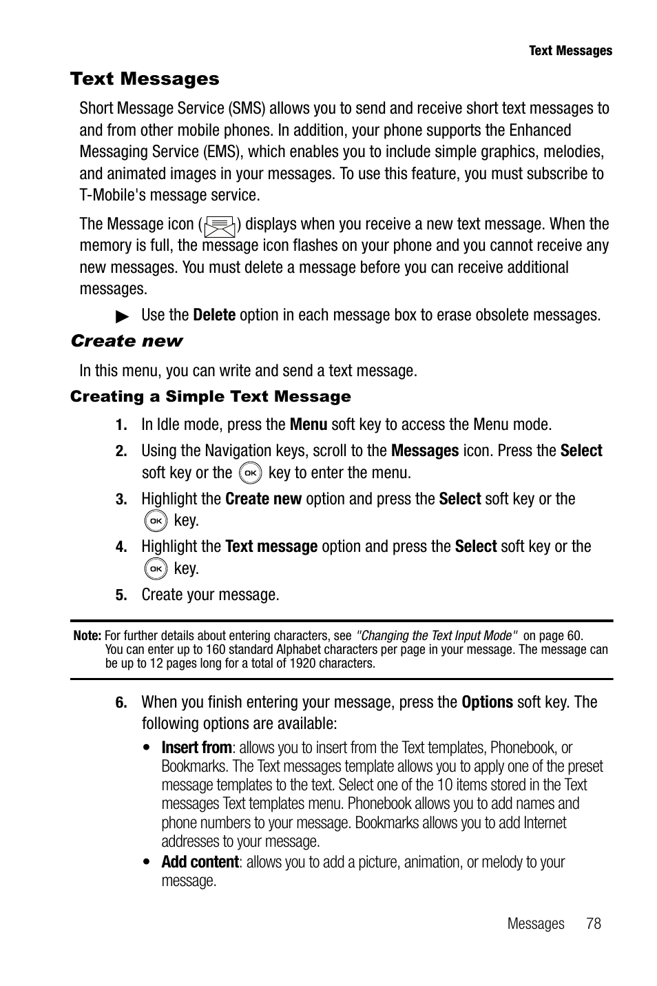 Text messages, Create new | Samsung SGH-T739TSATMB User Manual | Page 81 / 195