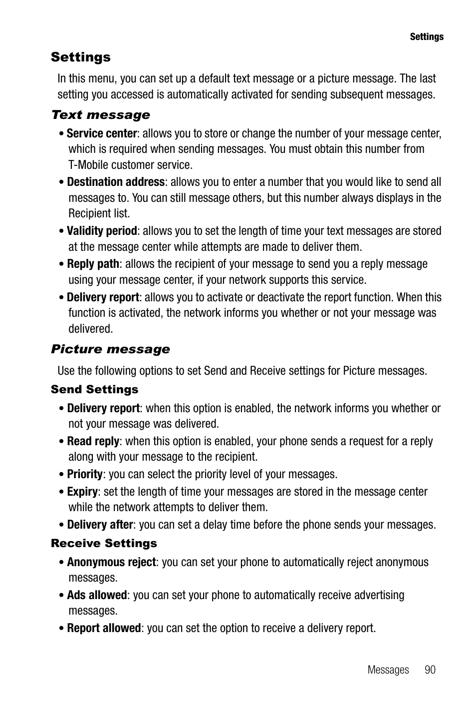 Settings, Text message, Picture message | Samsung SGH-T739TSATMB User Manual | Page 93 / 195