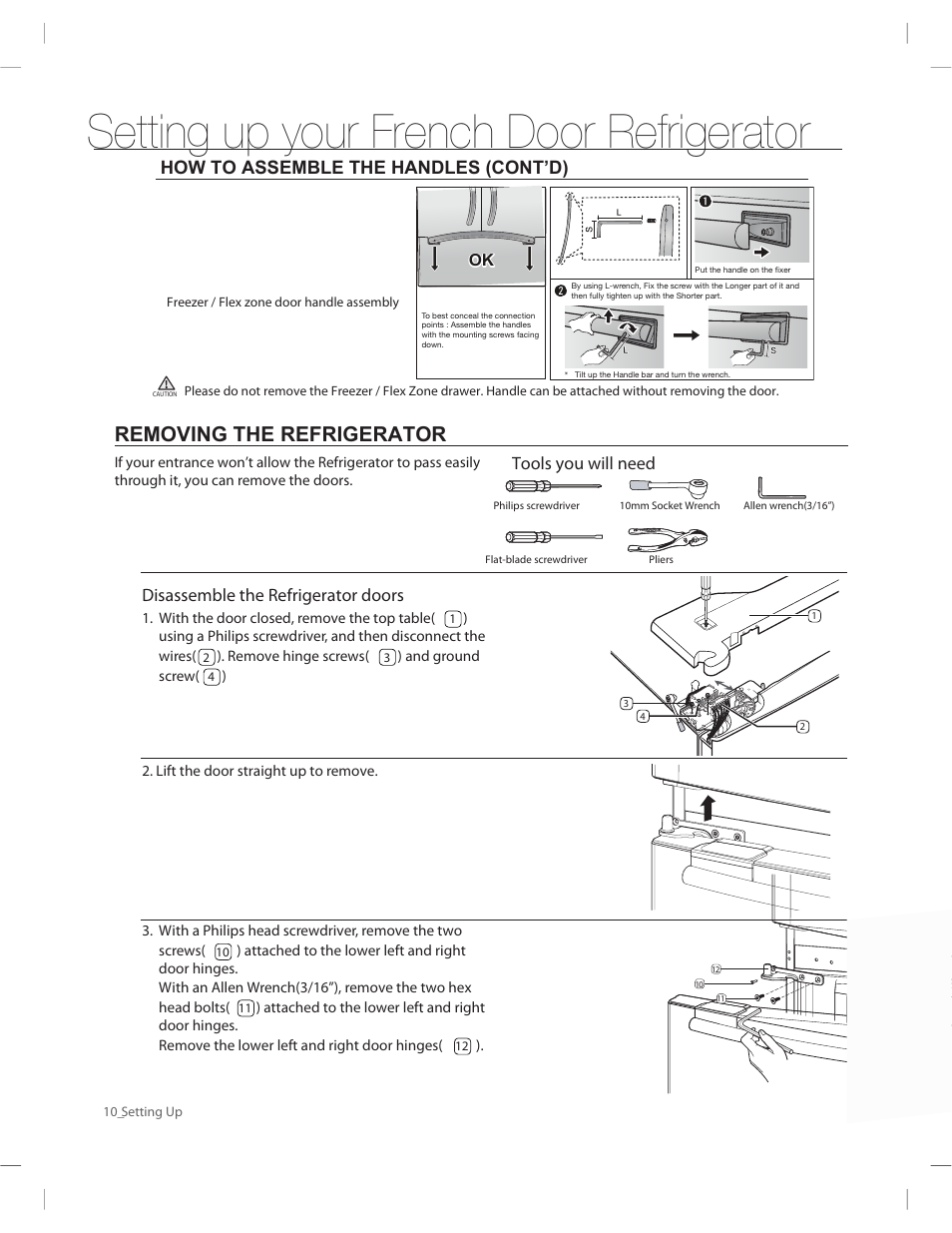 Setting up your french door refrigerator, Removing the refrigerator, How to assemble the handles (cont’d) | Disassemble the refrigerator doors, Tools you will need | Samsung RF263AERS-XAA User Manual | Page 10 / 80