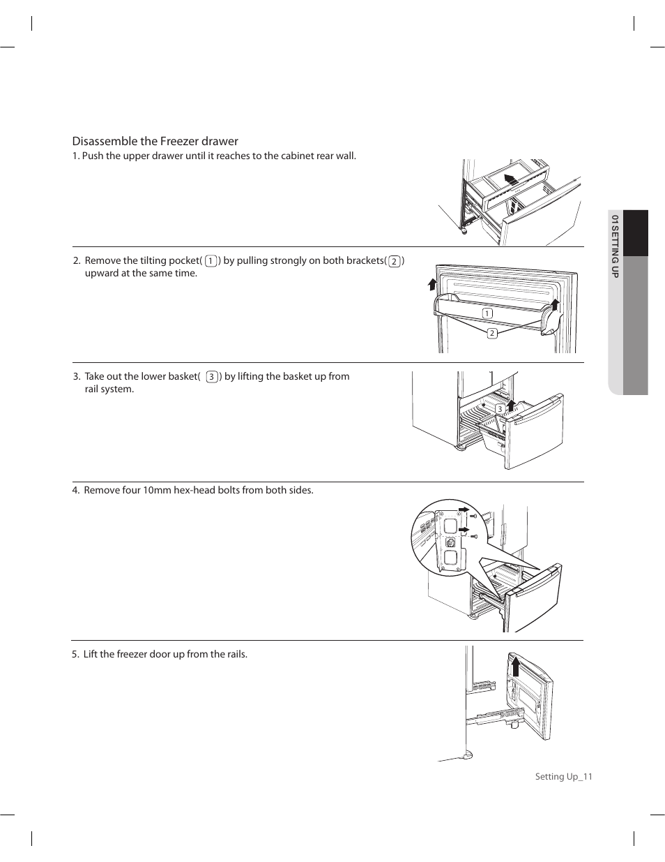 Disassemble the freezer drawer | Samsung RF263AERS-XAA User Manual | Page 11 / 80