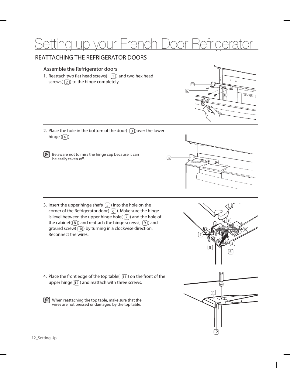 Setting up your french door refrigerator, Reattaching the refrigerator doors | Samsung RF263AERS-XAA User Manual | Page 12 / 80