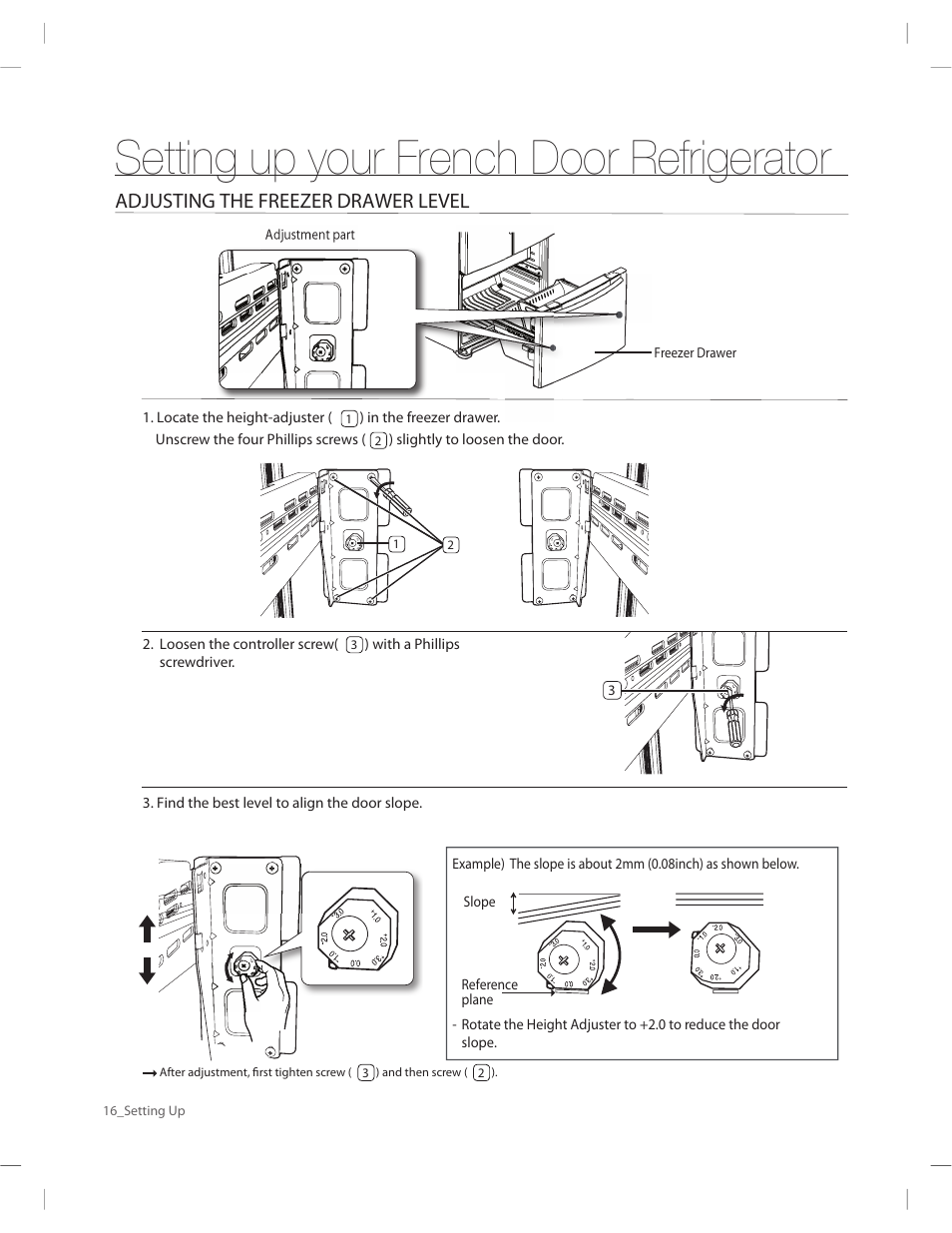 Setting up your french door refrigerator, Adjusting the freezer drawer level | Samsung RF263AERS-XAA User Manual | Page 16 / 80