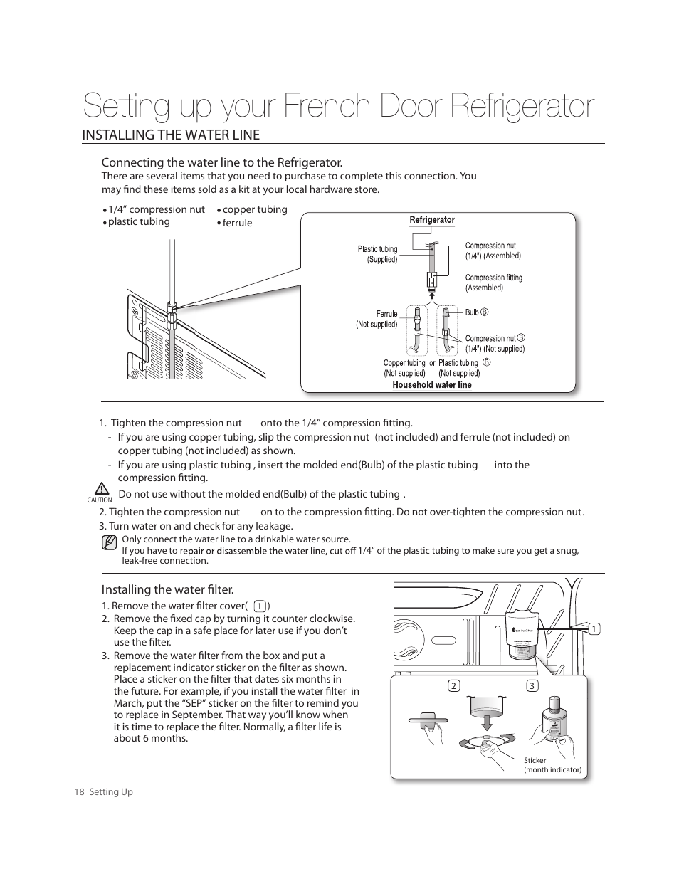 Setting up your french door refrigerator, Installing the water line | Samsung RF263AERS-XAA User Manual | Page 18 / 80