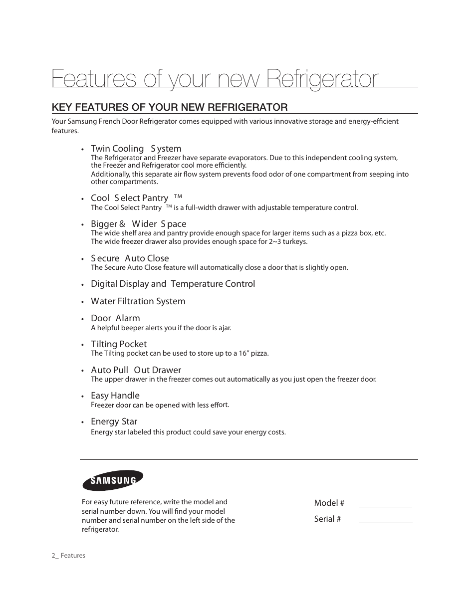 Features of your new refrigerator | Samsung RF263AERS-XAA User Manual | Page 2 / 80