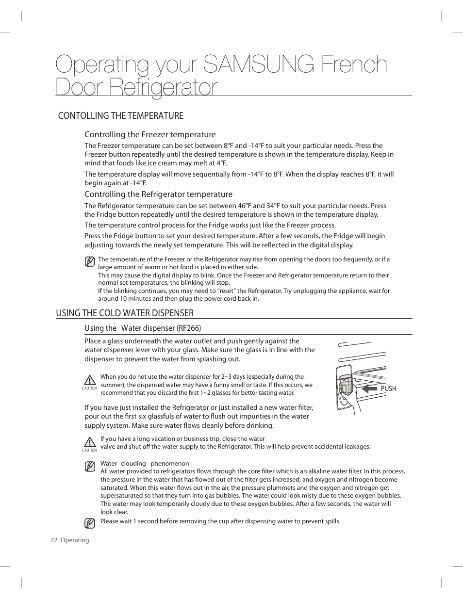 Operating your samsung french door refrigerator | Samsung RF263AERS-XAA User Manual | Page 22 / 80