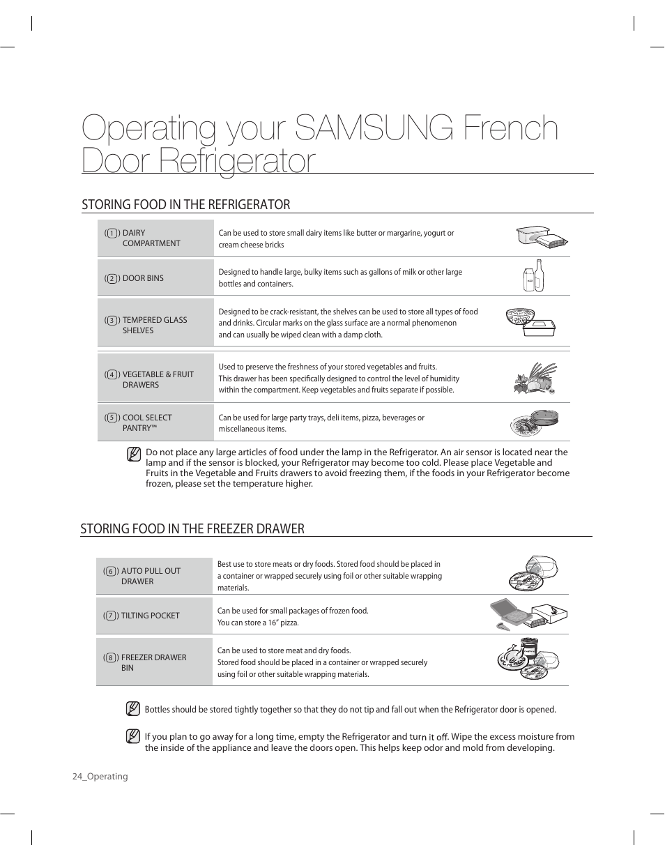 Operating your samsung french door refrigerator, Storing food in the freezer drawer, Storing food in the refrigerator | Samsung RF263AERS-XAA User Manual | Page 24 / 80