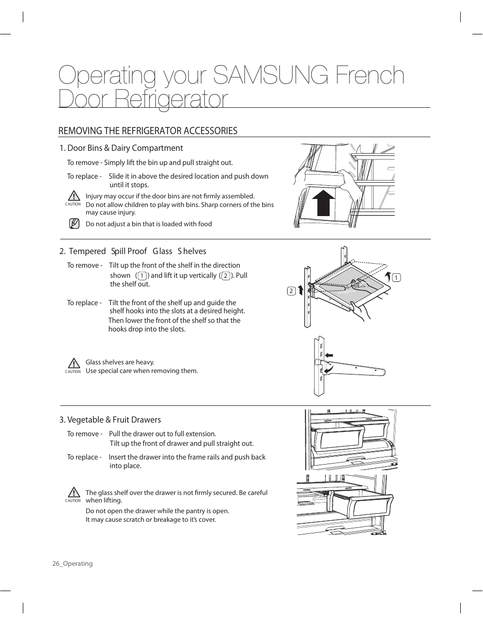 Operating your samsung french door refrigerator, Removing the refrigerator accessories | Samsung RF263AERS-XAA User Manual | Page 26 / 80