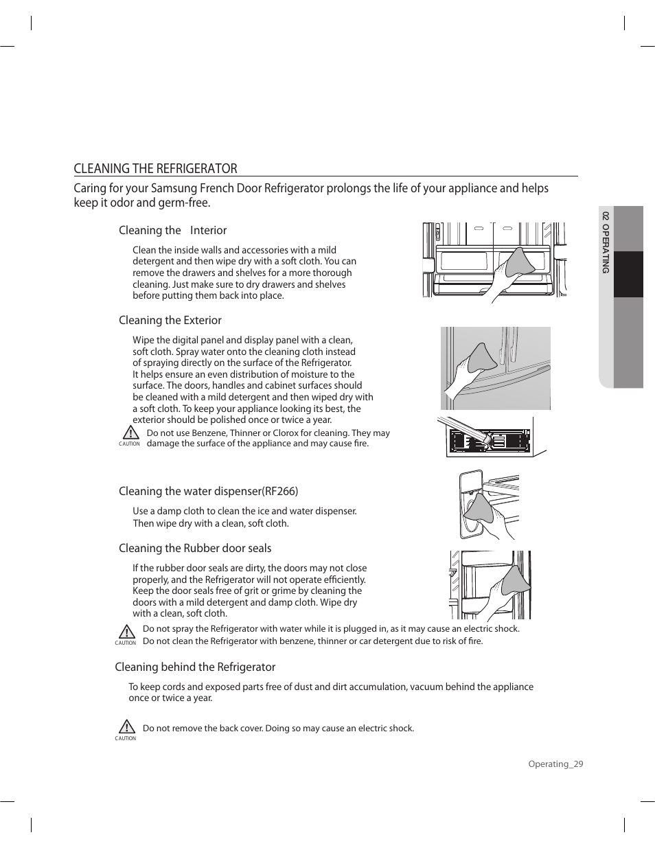 Cleaning the refrigerator, Cleaning the interior, Cleaning the exterior | Cleaning the water dispenser(rf266), Cleaning the rubber door seals, Cleaning behind the refrigerator | Samsung RF263AERS-XAA User Manual | Page 29 / 80