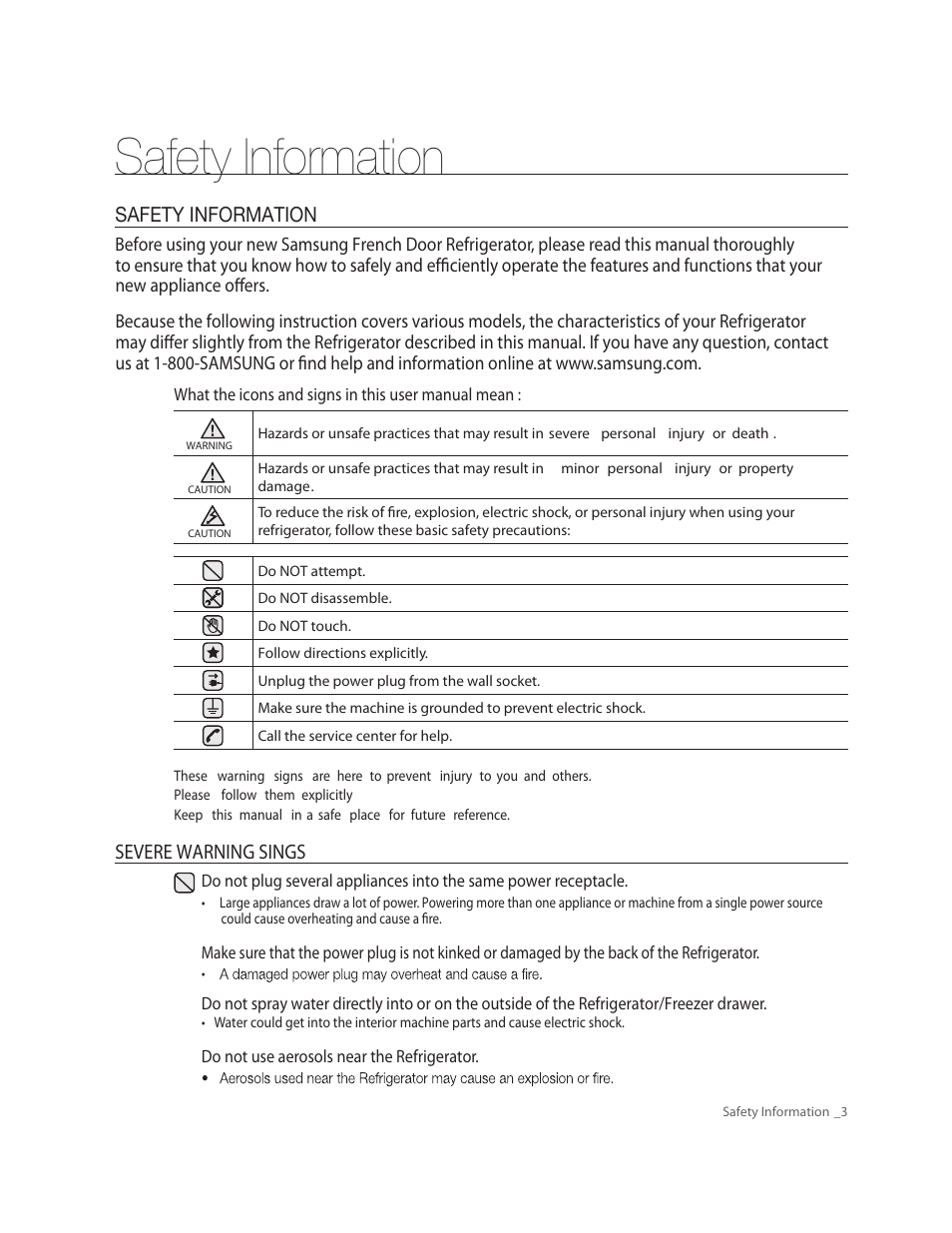 Safety information | Samsung RF263AERS-XAA User Manual | Page 3 / 80
