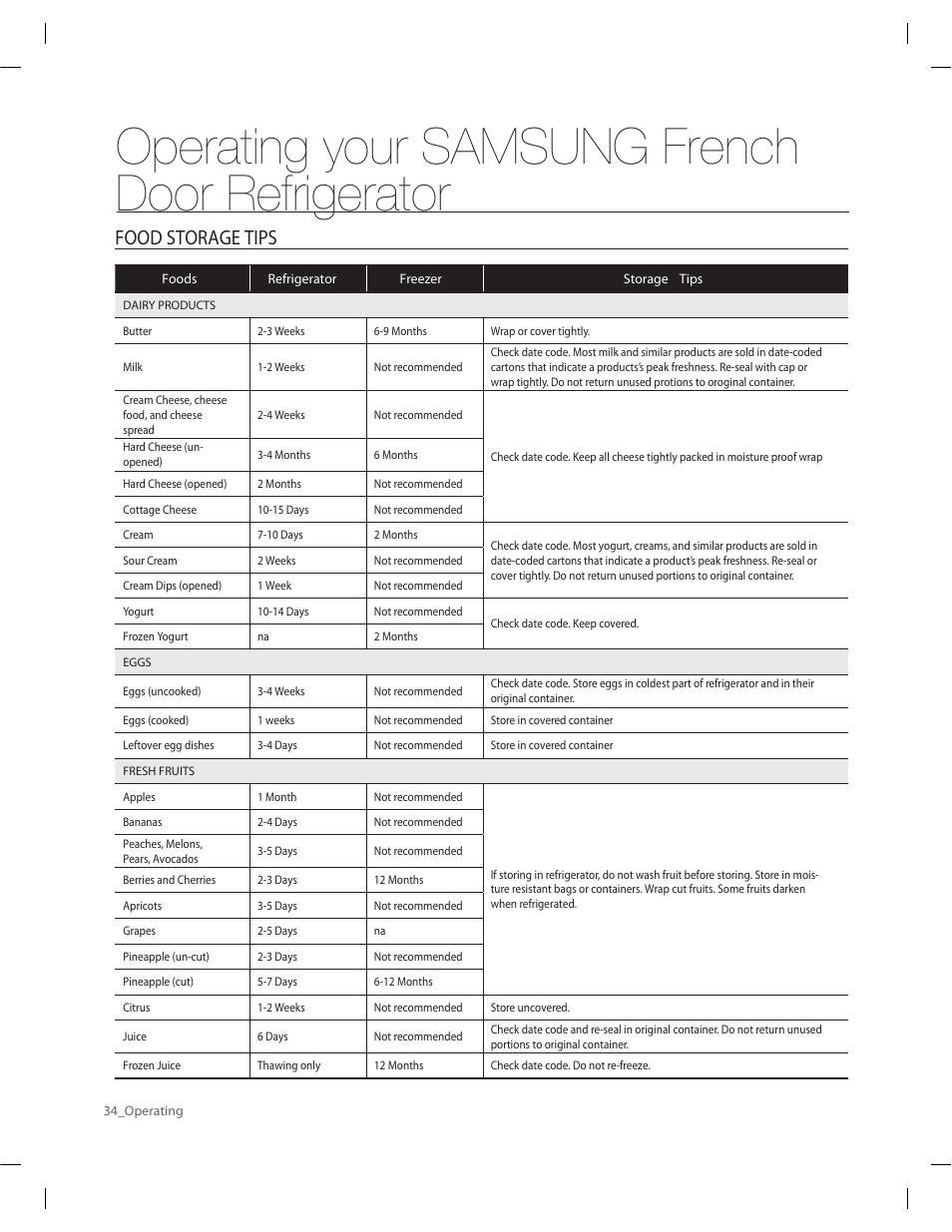 Operating your samsung french door refrigerator, Food storage tips | Samsung RF263AERS-XAA User Manual | Page 34 / 80