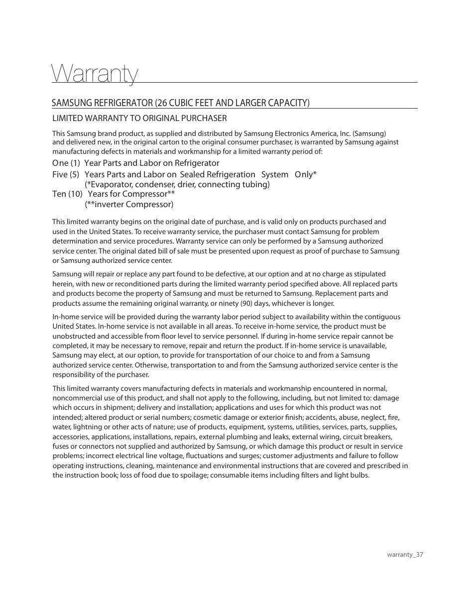 Warranty | Samsung RF263AERS-XAA User Manual | Page 37 / 80