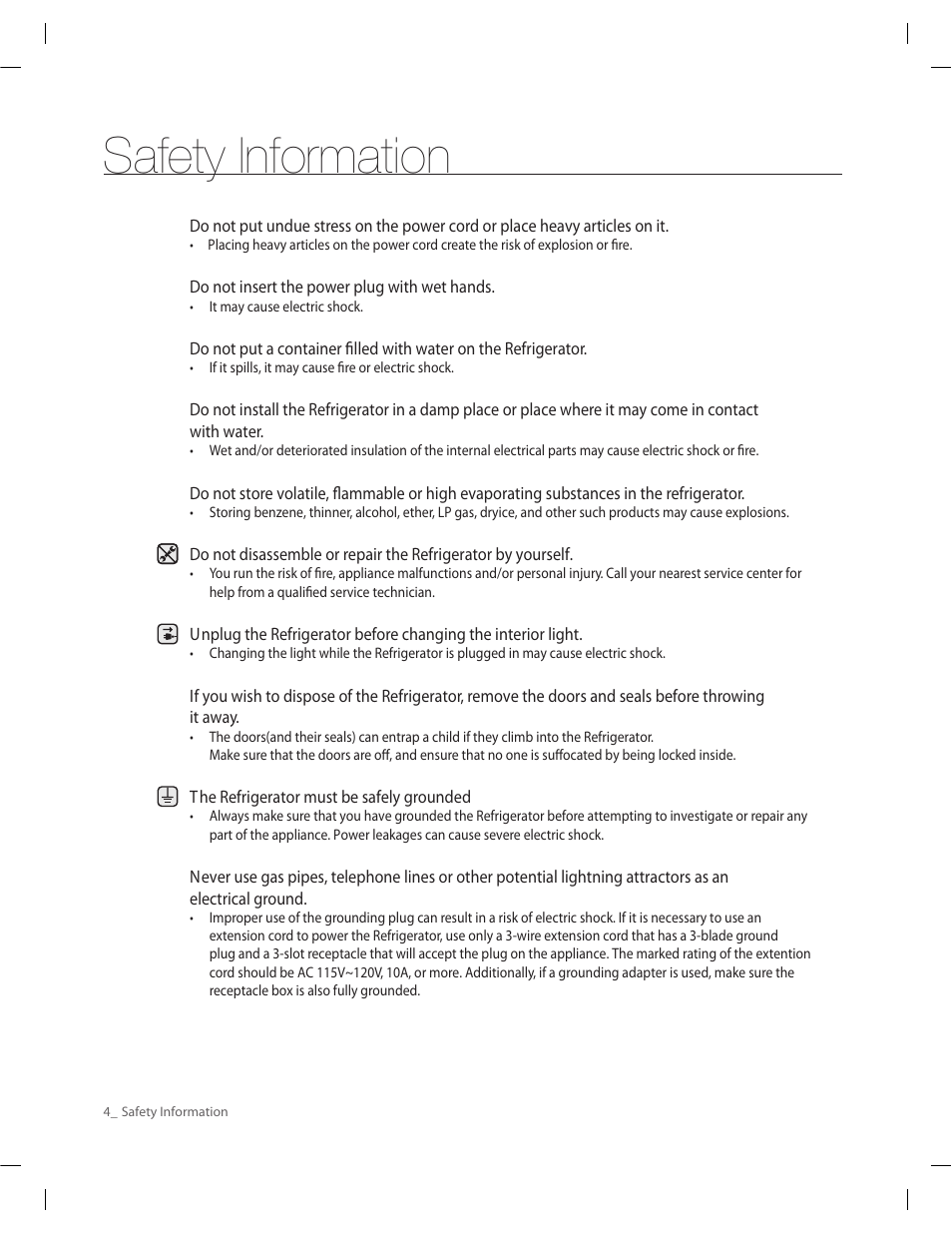 Safety information | Samsung RF263AERS-XAA User Manual | Page 4 / 80