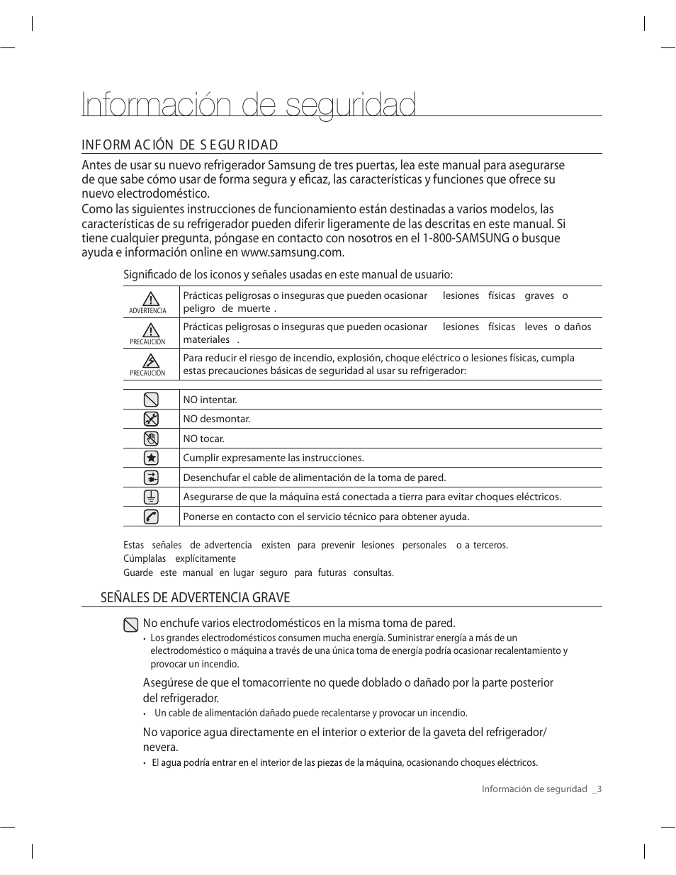 Información de seguridad | Samsung RF263AERS-XAA User Manual | Page 43 / 80