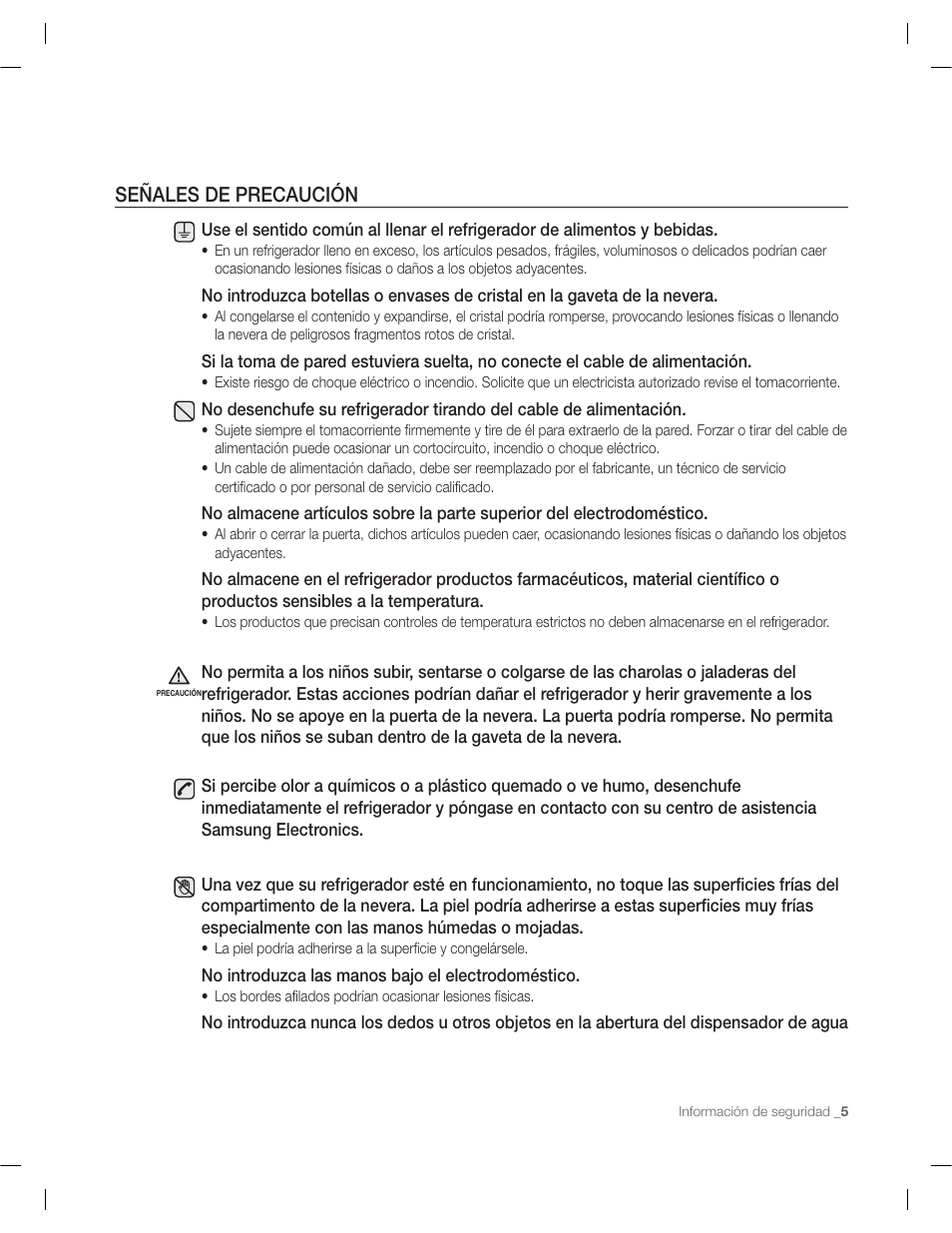 Señales de precaución | Samsung RF263AERS-XAA User Manual | Page 45 / 80