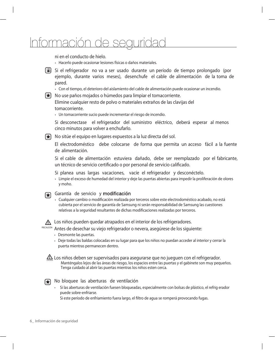 Información de seguridad | Samsung RF263AERS-XAA User Manual | Page 46 / 80