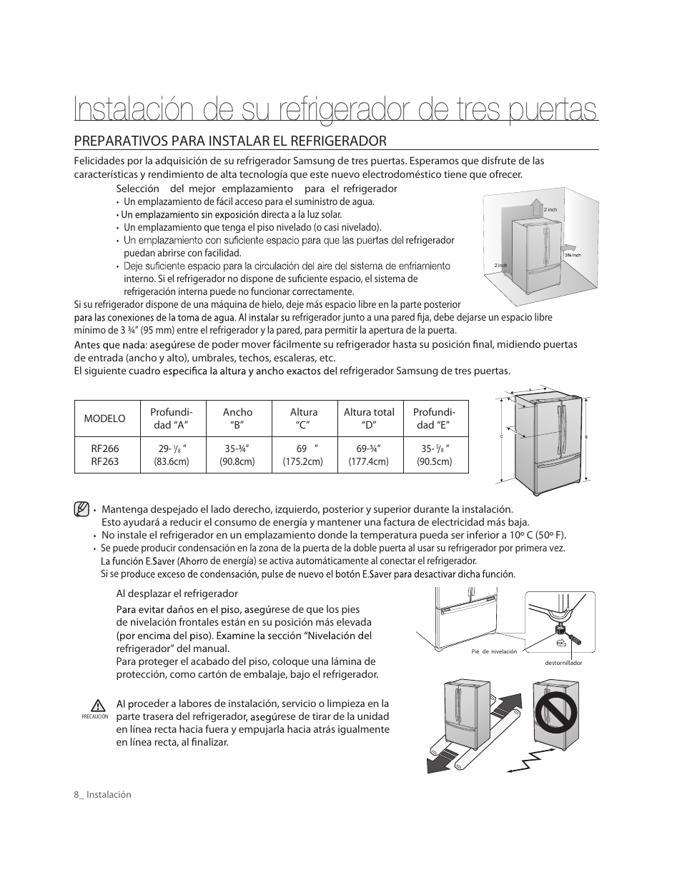 Instalación de su refrigerador de tres puertas, Preparativos para instalar el refrigerador | Samsung RF263AERS-XAA User Manual | Page 48 / 80