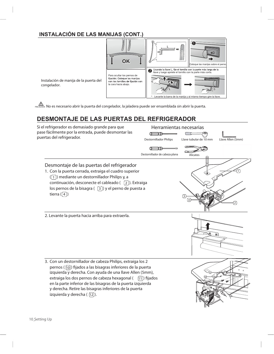 Desmontaje de las puertas del refrigerador, Herramientas necesarias, Instalación de las manijas (cont.) | Samsung RF263AERS-XAA User Manual | Page 50 / 80
