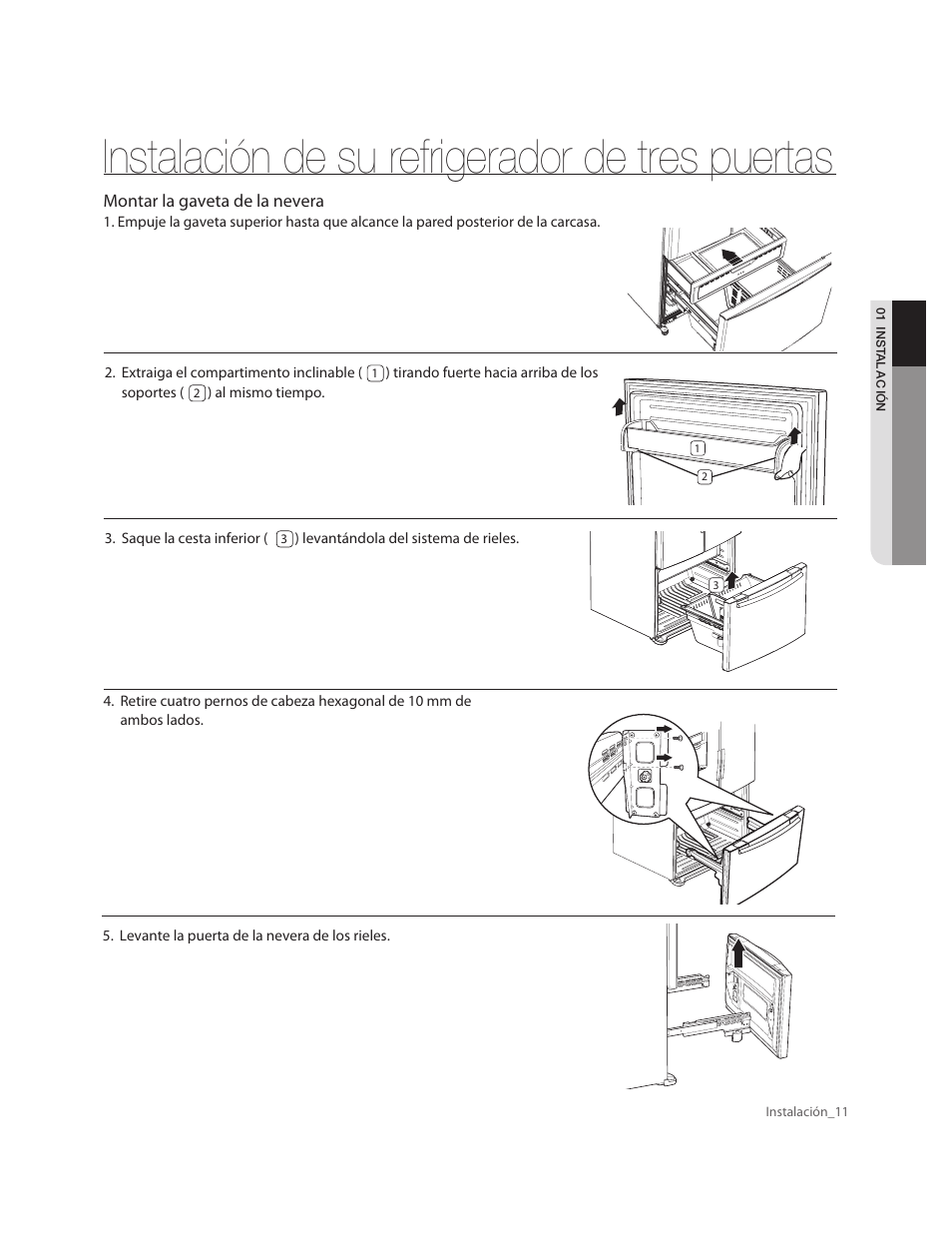 Instalación de su refrigerador de tres puertas, Montar la gaveta de la nevera | Samsung RF263AERS-XAA User Manual | Page 51 / 80
