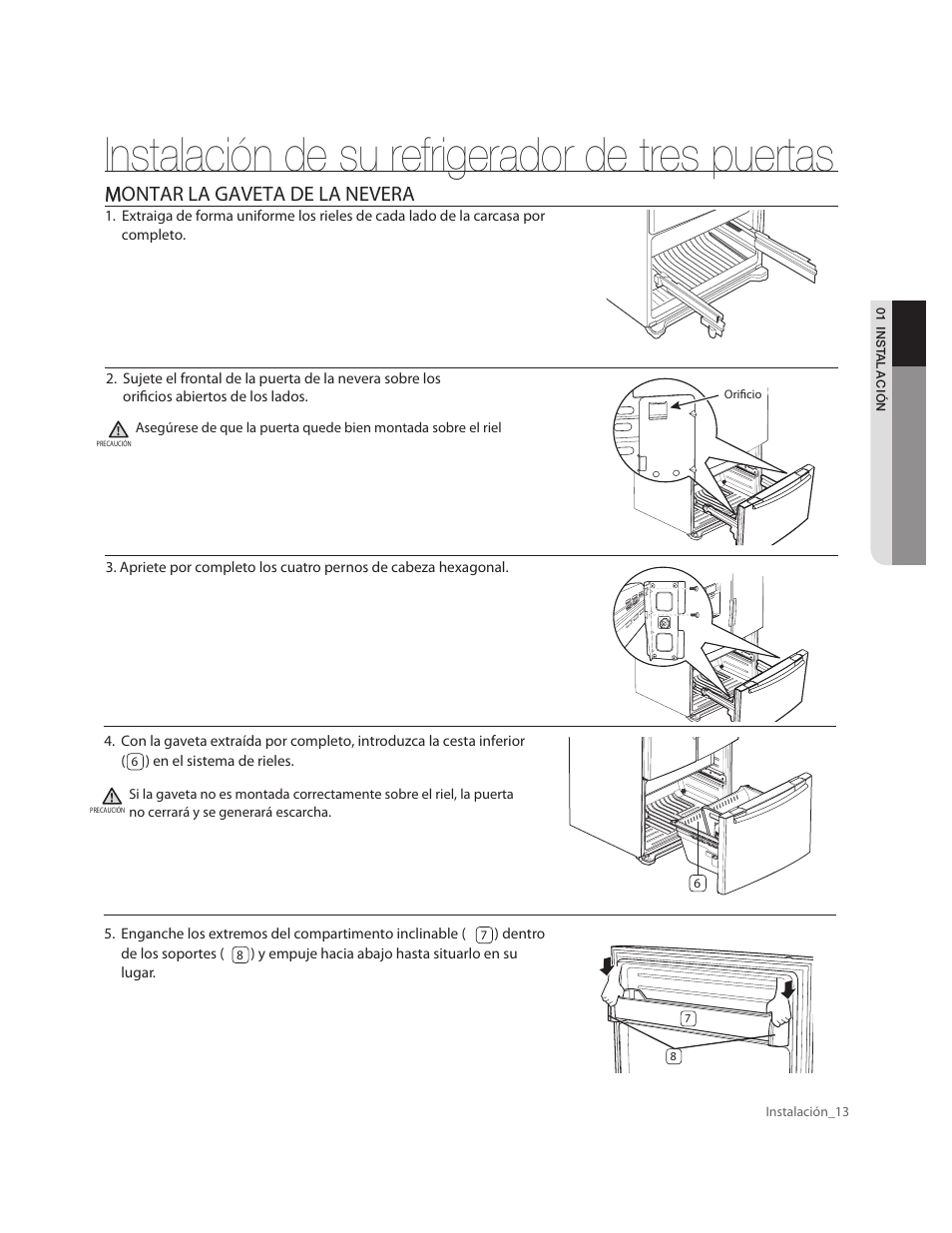 Instalación de su refrigerador de tres puertas, Mmontar la gaveta de la nevera | Samsung RF263AERS-XAA User Manual | Page 53 / 80