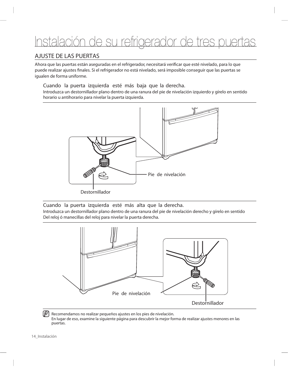 Instalación de su refrigerador de tres puertas | Samsung RF263AERS-XAA User Manual | Page 54 / 80