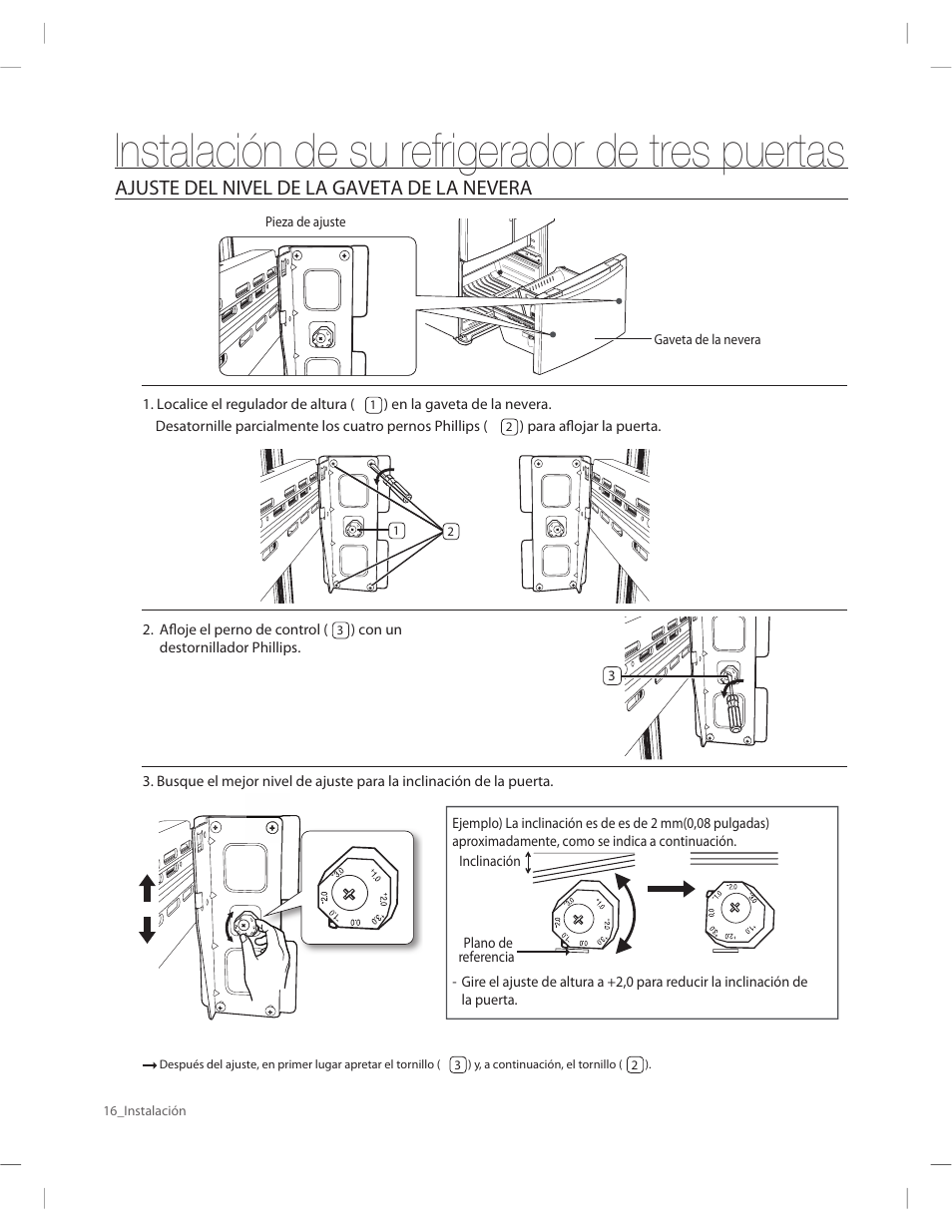 Instalación de su refrigerador de tres puertas, Ajuste del nivel de la gaveta de la nevera | Samsung RF263AERS-XAA User Manual | Page 56 / 80