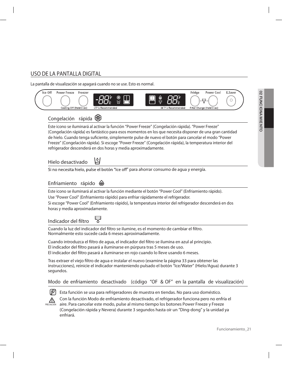 Uso de la pantalla digital, Congelación rápida, Enfriamiento rápido | Indicador del filtro, Hielo desactivado | Samsung RF263AERS-XAA User Manual | Page 61 / 80