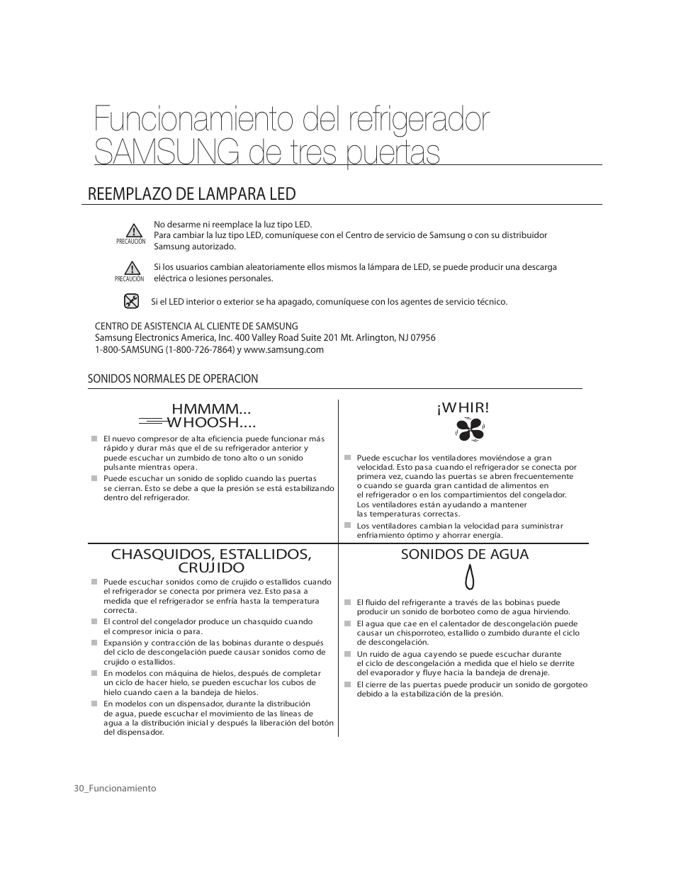 Reemplazo de lampara led, Chasquidos, estallidos, cruj ido, Sonidos de agua | W hir | Samsung RF263AERS-XAA User Manual | Page 70 / 80