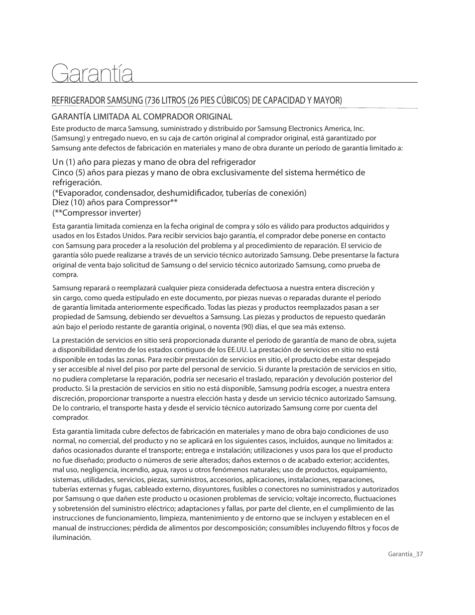 Garantía | Samsung RF263AERS-XAA User Manual | Page 77 / 80