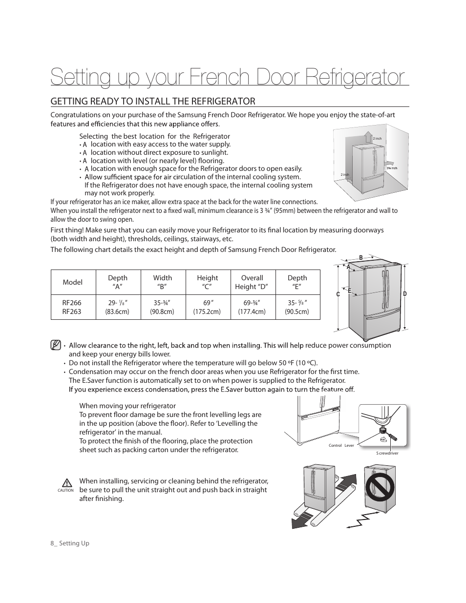 Setting up your french door refrigerator, Getting ready to install the refrigerator | Samsung RF263AERS-XAA User Manual | Page 8 / 80
