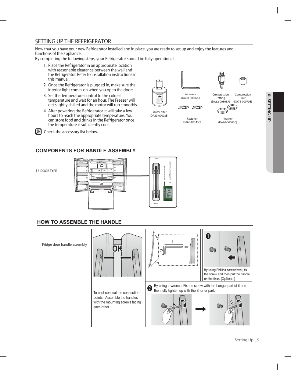 Setting up the refrigerator, Components for handle assembly, How to assemble the handle | Samsung RF263AERS-XAA User Manual | Page 9 / 80