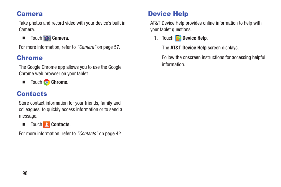 Camera, Chrome, Contacts | Device help, Camera chrome contacts | Samsung SM-T217AZKAATT User Manual | Page 104 / 158