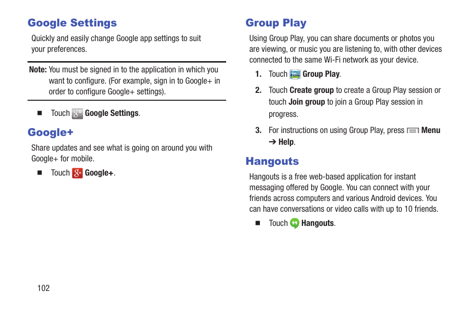 Google settings, Google, Group play | Hangouts, Google settings google+ group play hangouts | Samsung SM-T217AZKAATT User Manual | Page 108 / 158