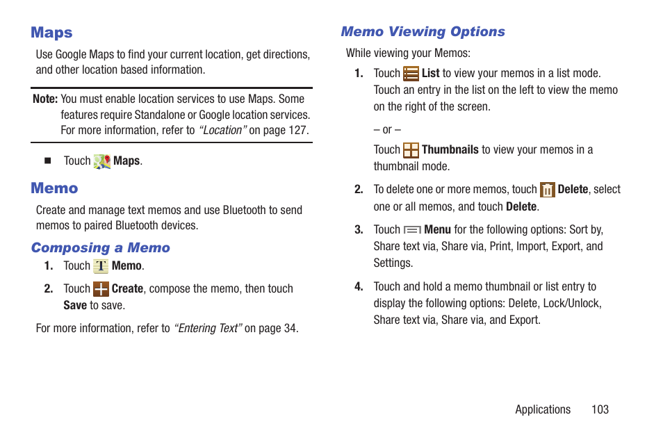 Maps, Memo, Maps memo | Samsung SM-T217AZKAATT User Manual | Page 109 / 158