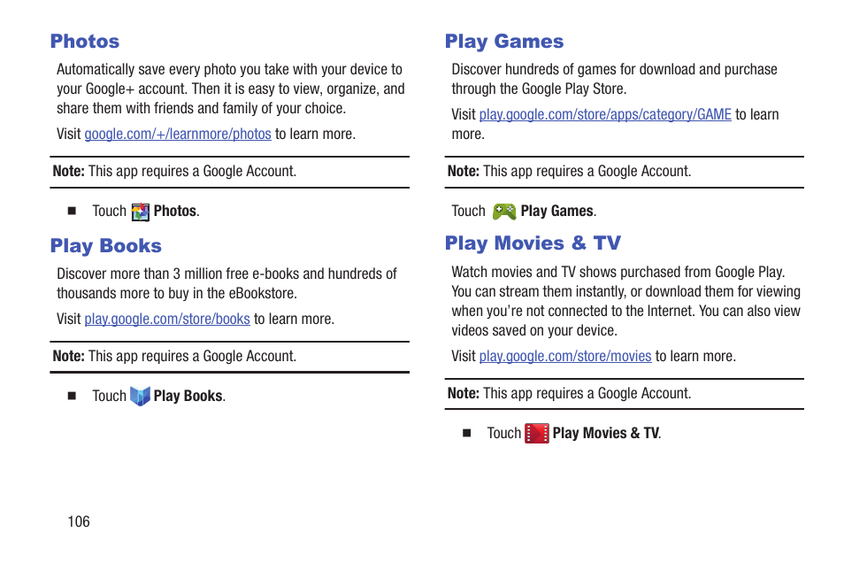 Photos, Play books, Play games | Play movies & tv, Photos play books play games play movies & tv | Samsung SM-T217AZKAATT User Manual | Page 112 / 158