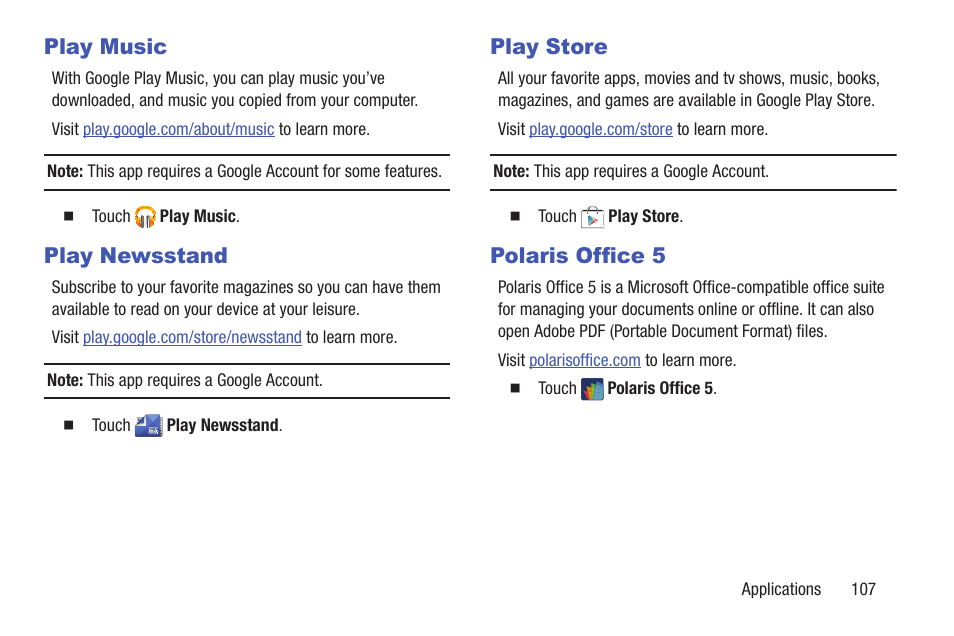 Play music, Play newsstand, Play store | Polaris office 5 | Samsung SM-T217AZKAATT User Manual | Page 113 / 158